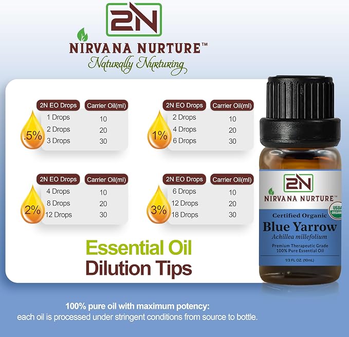 Blue Yarrow Essential Oil, USDA Certified Organic, 100% Pure Undiluted, Aromatherapy Oil for Diffuser, Hair & Skin Care