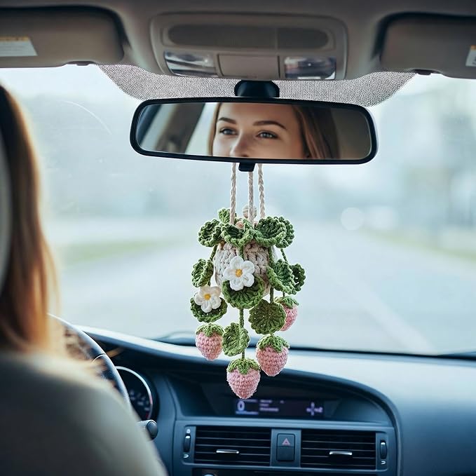 Crochet Car Air Freshener Hanging, Cute Hanging Plant for Cars, Crochet Strawberry Plant with 10ml Empty Refillable Oil Diffuser Bottle, Handmade Boho Car Ornament Charms for Rear View Mirror, Pink