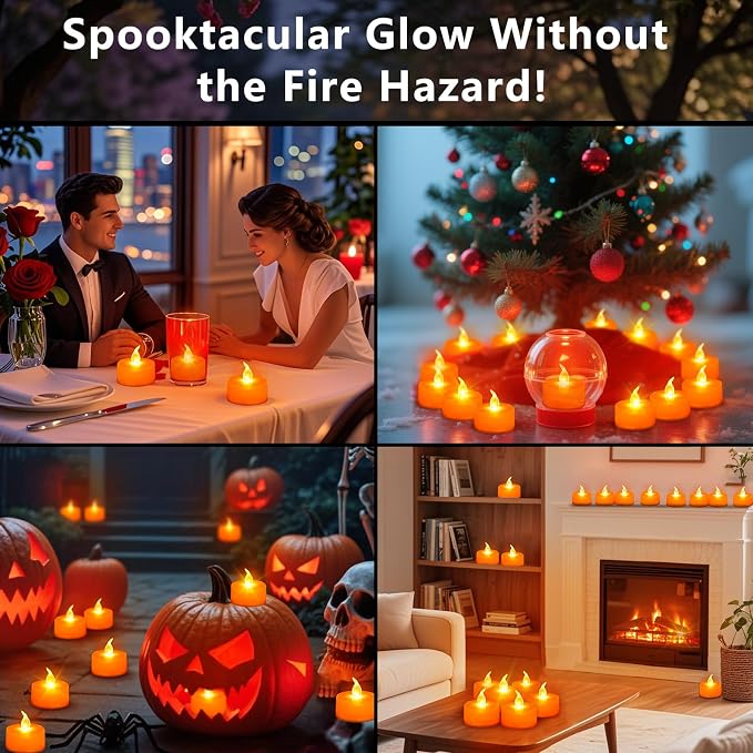 Tea Lights Battery Operated Candles LED Tea Lights Flameless Candles 200+ Hours Flickering Fake Tealights for Sweetest Day Wedding Home Decorations Party (Orange Base, 24 Pack)