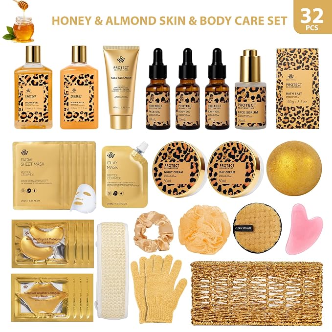 Gifts for Women, Honey Almond 32 Pcs Bath & Body Gift Basket for Women, Hydrating Face Skin Care Kit, Home Spa Basket Gifts Set, Self-Care Relaxation Set, Birthday, Christmas, Valentines, Anniversary