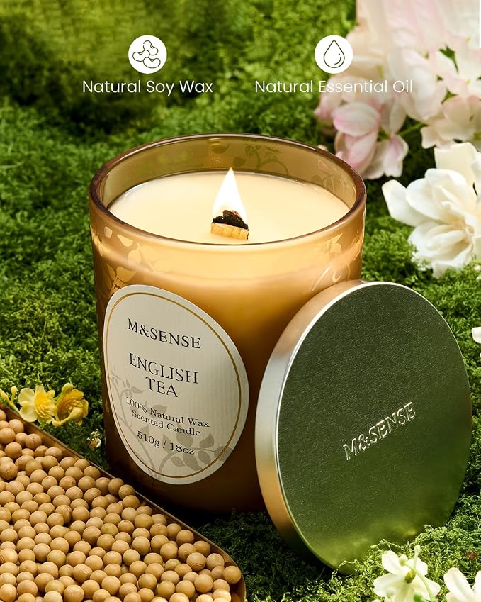 M&SENSE English Tea Soy Candle, Cracking Wooden Wick 18oz | 100 Hours Long Lasting, Clean Burn, Summer Aromatherapy, Non-Toxic, Relaxing Gifts For Women