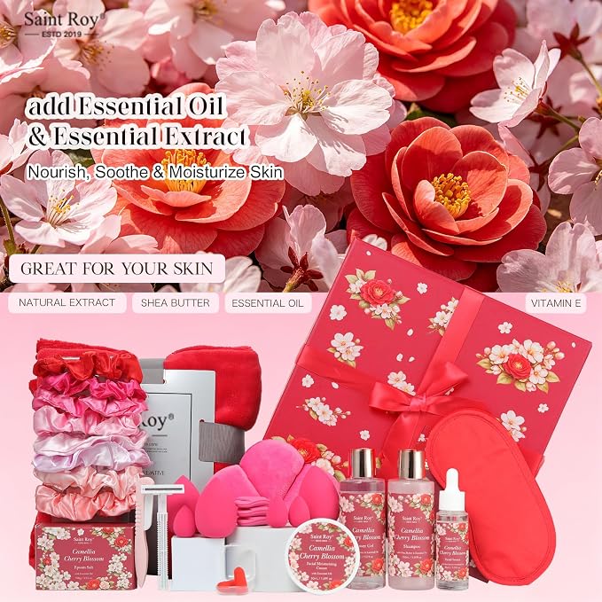 35 Pcs Valentines Day Gift for Women, Cherry Blossom Rose Bath and Body Basket Gift, Face Skin Care Kit, Home Spa Self Care, Lip Gloss, Birthday, Christmas, Mother, Bridal Shower, Anniversary