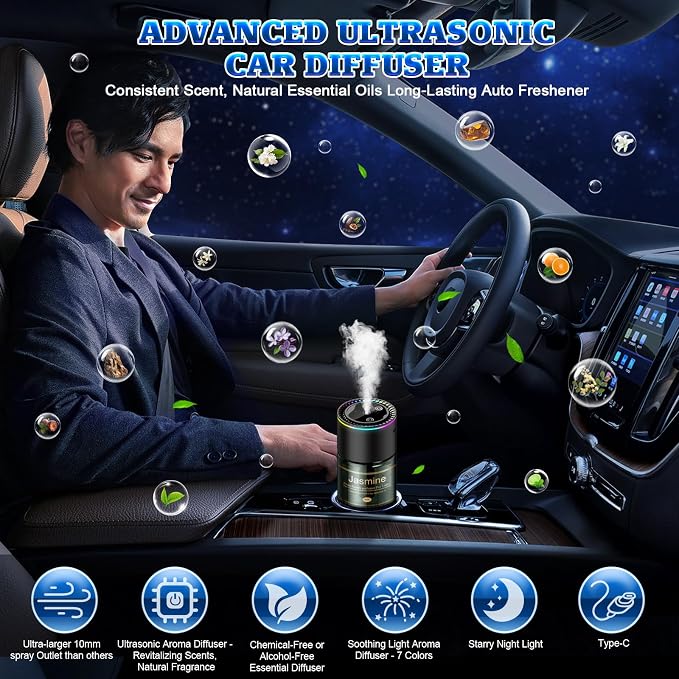 Smart Car Air Freshener Diffuser - 270-Day Long-Lasting Essential Oil (6.09oz/180ml), Auto On/Off Sensor, Ultrasonic Dual Modes, Multi-Mode Adjustable, Natural French Fragrance Oils, Jasmine Scent