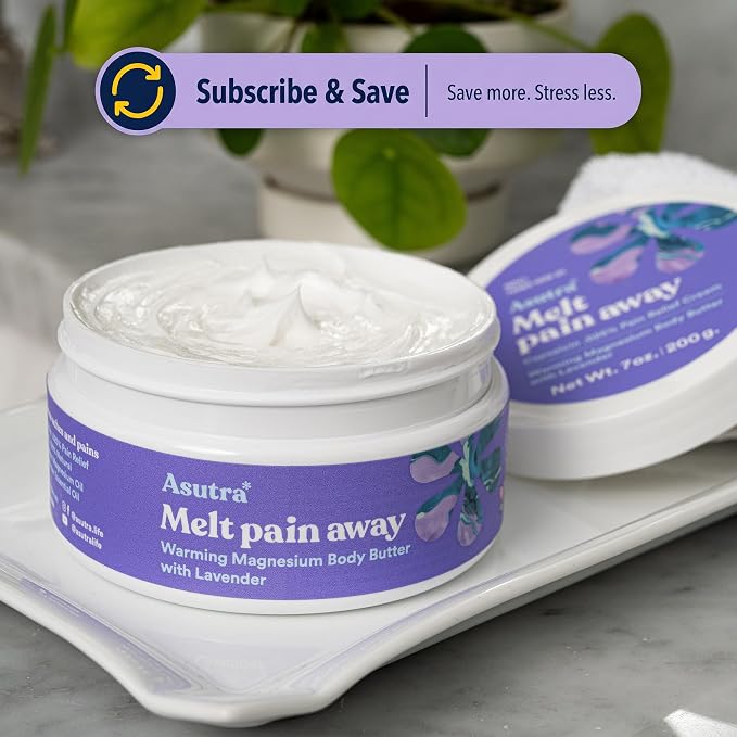 ASUTRA Melt Pain Away Magnesium Cream for Pain Relief for Feet and Body, Warming Capsaicin Cream Formula for Leg Cramps, Post-Workout Muscle Soreness (Lavender, 7 oz)