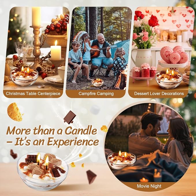 S'mores Candle Bowl, 2 Wicks Realistic Cereal Food Candles with Graham Crackers, Chocolate, and Marshmallows for Best Burn, Ideal for Christmas, Thanksgiving Day, Camping, Movie Night Supplies