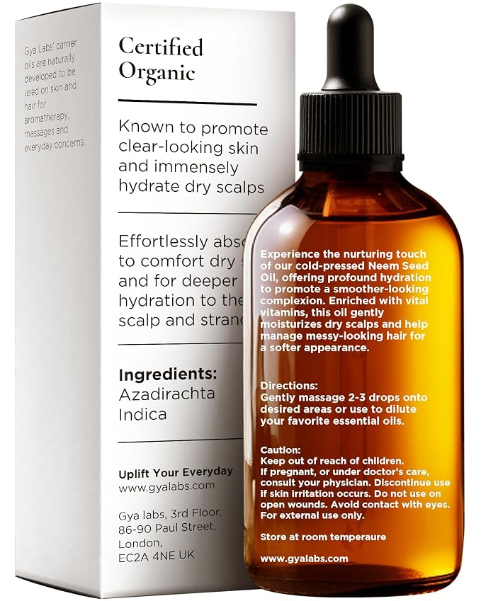 Gya Labs USDA Organic Neem Oil - 3.4 Fl Oz - Carrier Oil for Hair, Skin, Face, Scalp & Body Massage