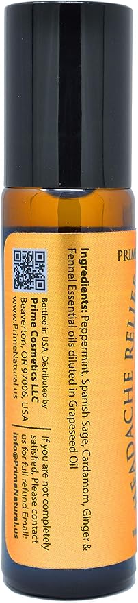 PRIME NATURAL Headache Relief Essential Oil Roll On 10ml, Pre-Diluted, Ready to Use Roller for Migraine, Tension, Calming, Soothing, Grounding, Sore Muscles, Sprain & Sleep (Pack of 2)