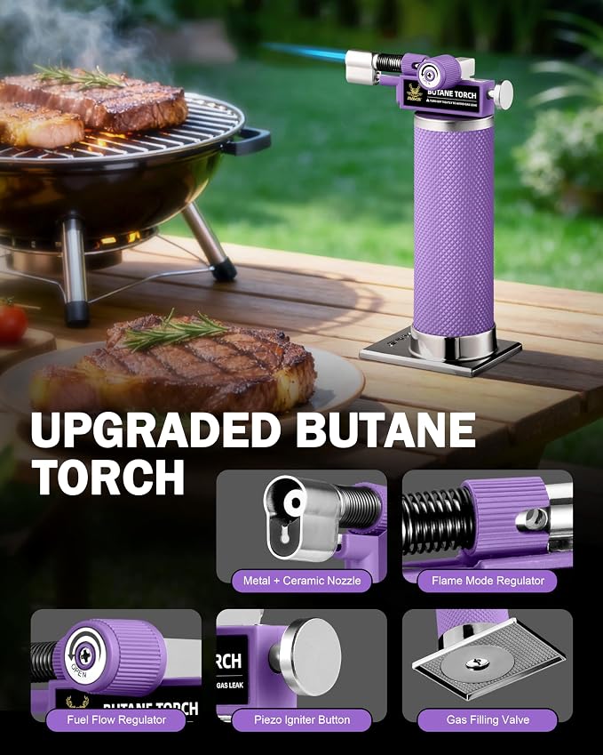 RAVS 2 Flame Mode Butane Torch Lighter, Refillable Kitchen Torch | Metal Body Cooking Torch for Baking, BBQ, Soldering Torch with Adjustable Flame & Safety Buckle,Purple, Gas Not Included