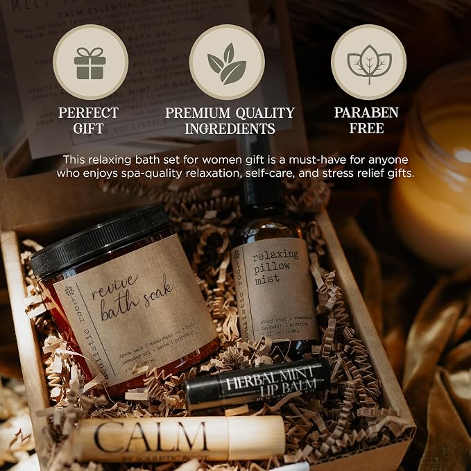 SOULISTIC ROOT Self-Care Set - Luxury Spa Bath Kit, Pillow Mist, Cooling Lip Balm, Tranquil Essential Oil Roller & Epsom Salt Bath Soak Pampering Package, Holistic Gifts for Him & Her
