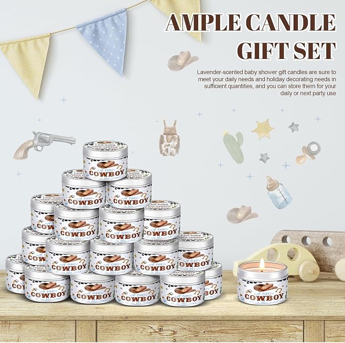 MTLEE 24 Pcs Cowboy Baby Shower Party Favors Candles Lavender Scented Baby Shower Favors for Guests Rustic Tealights Candles Gender Reveal Return Gifts (1.2 oz, White)