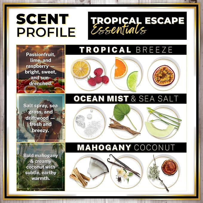 Urban Naturals Car Air Freshener Diffuser 3 Pack - Tropical Escape Essentials Scent, 45+ Days Long Lasting Fragrance, Made in USA, Glass & Wood, Hanging Design + Vent Cip, Easy to Use