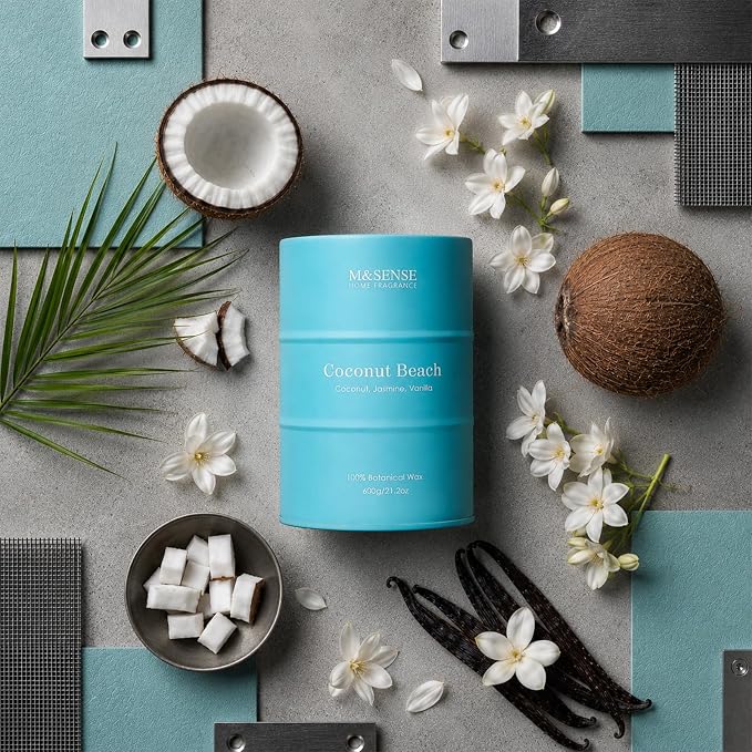 M&SENSE Coconut Beach Scented Candles Large Summer Candle, Natural Soy Candles 21.2oz Beach Candle,Aromatherapy Candle for Stress Relief Meditation Relaxing