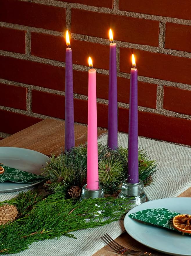 CANDWAX 12 Inch Advent Taper Candles Set of 4 - Long Burning Dripless Unscented Tapers - Perfect for Advent Wreaths, Christmas Décor - 3 Purple Tapers, 1 Pink Tapered Candle