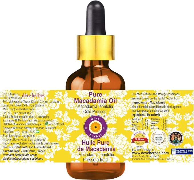 Deve Herbes Macadamia Oil (Macadamia ternifolia) with Glass Dropper | Cold Pressed | Pure | Natural | for Diluting Essential Oils | Skin & Massage | Non-Sticky| Lightweight| Unisex | 15ml (0.50 oz)