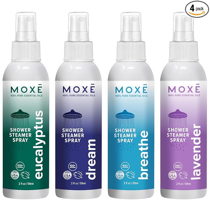 MOXE Aromatherapy Shower Mist Variety Pack, Eucalyptus, Lavender, Breathe and Dream, Spa Steam Spray, Natural 100% Essential Oils, Made in USA, Aromatherapy, Sinus Congestion Relief, 4 Pack (8oz)