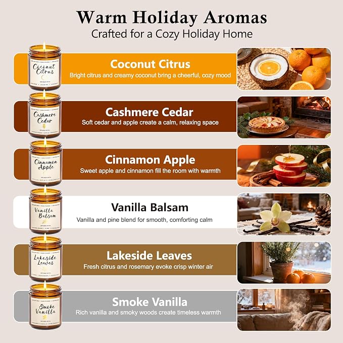 Scented Candle Gift Set for Women – 6 Pack 7oz Winter Scented Soy Candles, Long Lasting Aromatherapy Candles, Perfect for Home Décor, Vanilla, Cinnamon & Cedar Scents