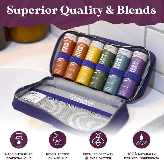 Aromatherapy 6 Pack of Essential Oils Balm Sticks In Travel Case | Aromatherapy Balms Gift Set of Pure Essential Oil Blends | Perfect Mindfulness Gift and Stress Relief Gifts for Women and Men