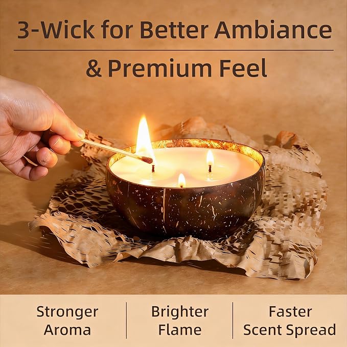 Viyffo Ocean Breeze Scented Candle, Large 18oz 3 Wick Non Toxic Soy Candles, Natural Coconut Shell Candle for Home, Fresh Airy Aromatherapy for Relaxation & Summer Décor, Unique Gift for Women & Men