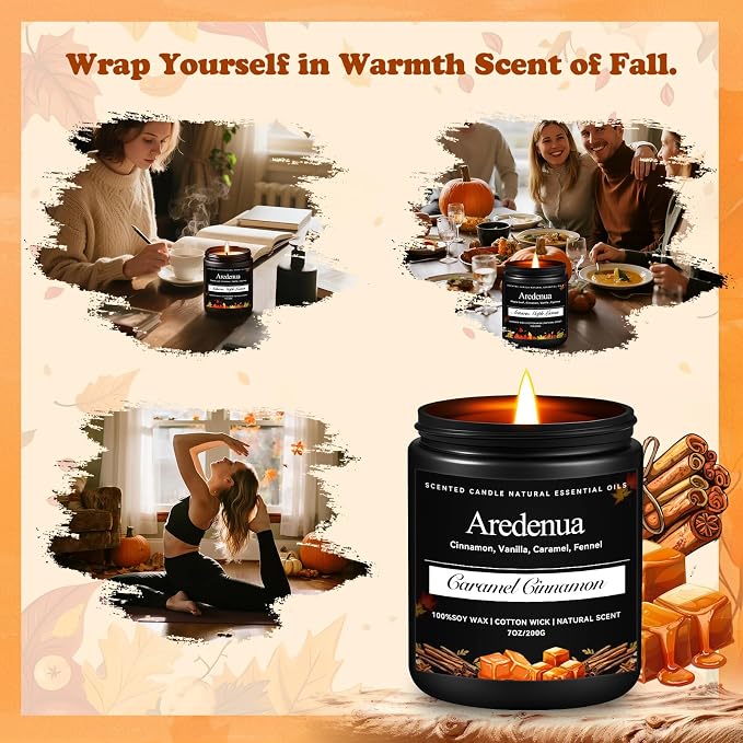 Caramel Cinnamon Luxury Candle - Rich Gourmand Scent, 7oz Natural Soy Wax, Hand-Poured Cozy Home Scented Candle - Elegant Home Fragrance for Living Room, Dinner Party & Self-Care Indulgence