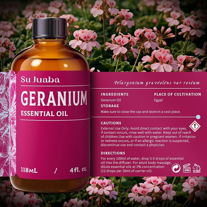 SU JUABA Geranium Essential Oil 4 Oz, Aromatherapy Oil for Diffuser, Skin Care, Hair & Massage - 118ML