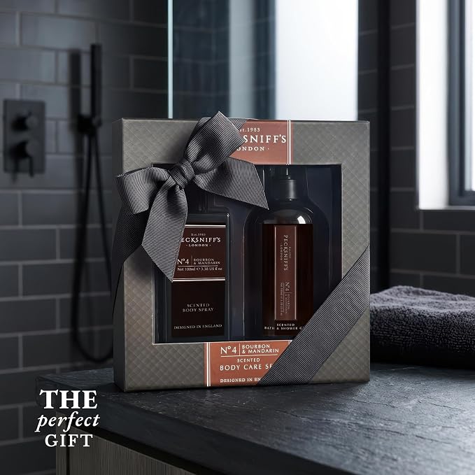 Pecksniff’s Men’s Body Duo Set – Bourbon & Mandarin Scented Bath & Shower Gel 250ml & Body Spray 100ml – Luxury Grooming Gift Set for Him