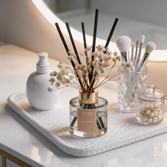 Reed Diffuser Set, 3.38 fl oz (100ml) Coconut Scent Oil Diffuser with 6 Reed Sticks, Natural Home Fragrance Reed Diffuser for Bathroom, Bedroom, Living Room Shelf Decor