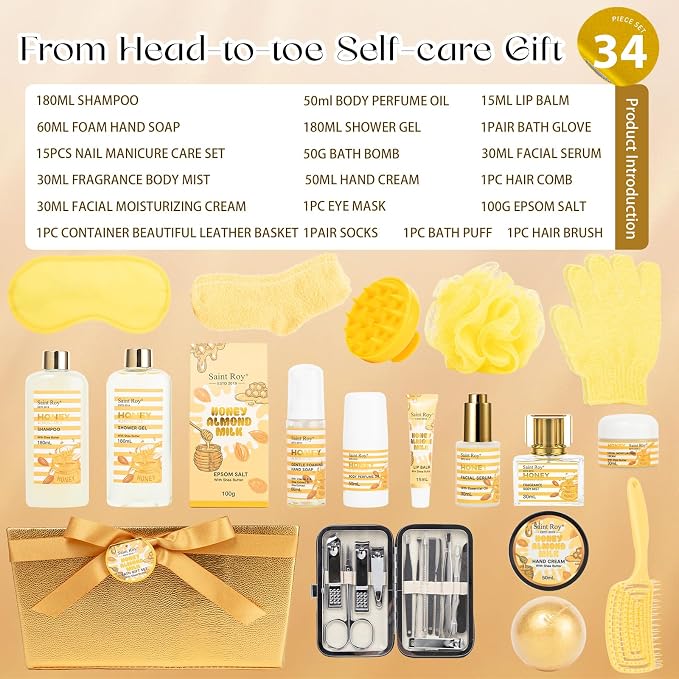 34 Pcs Skin care kit Spa Gift Set for Women & Men, Honey & Almond Milk Bath & Body Gift Basket, Face Skin Care Kit with Shower Gel, Self-Care Manicure, Birthday, Christmas, Mother Day, Anniversary