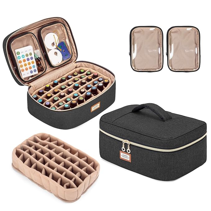 CURMIO Essential Oil Storage Case for 40 Bottles (5ml-30ml), Essential Oils Organizer Case with 2 Detachable Visible Pouches and Portable Handle, Patented Design, Black (Bag Only)