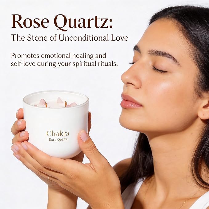 Rose Quartz Crystal Candle, 12oz Soy Wax Aromatherapy for Meditation & Stress Relief, Dual Crackling Wood Wicks, 6 Authentic Crystals Inside, Spiritual Healing Gift for Women, Chakra Balancing