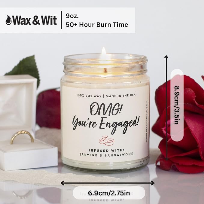 WAX & WIT Engagement Candles Gifts for Couples - Scented with Jasmine Sandalwood - Newly Engaged Couples, Bridal Shower, Bride to Be - 9oz, Soy Wax, 50 Hour Burn, Premium Candle