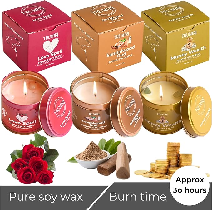 Love Spell, Money Wealth, Sandalwood Oud - Soy Candles Non Toxic - Highly Scented Long Lasting with Essential Oils - Variety Pack of 3 x 5oz - for Home Aromatherapy Meditation Gift Travel