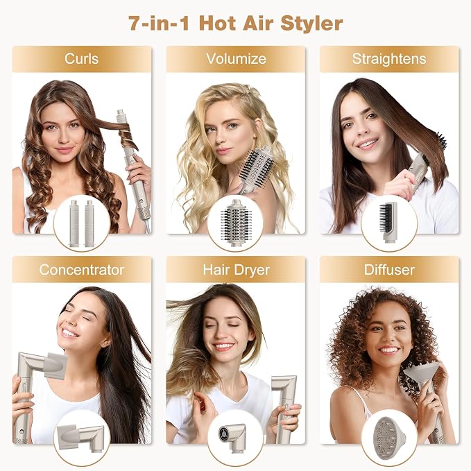 7MAGIC 7-in-1 Hot Air Styler, Hair Styler Dryer Brush with Auto-Wrap Curlers, High-Speed Hair Dryer for Fast Drying, Volumizing & Straightening, Travel Case Included, Champagne Gold