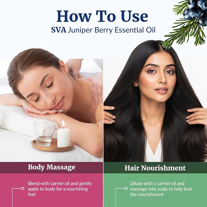 SVA Juniper Berry Essential Oil – 4 Fl Oz – 100% Natural Juniper Oil - for Diffuser, Hair Care, Face, Skin Care, Aromatherapy, Scalp and Body Massage, Soap and Candle Making – with Dropper
