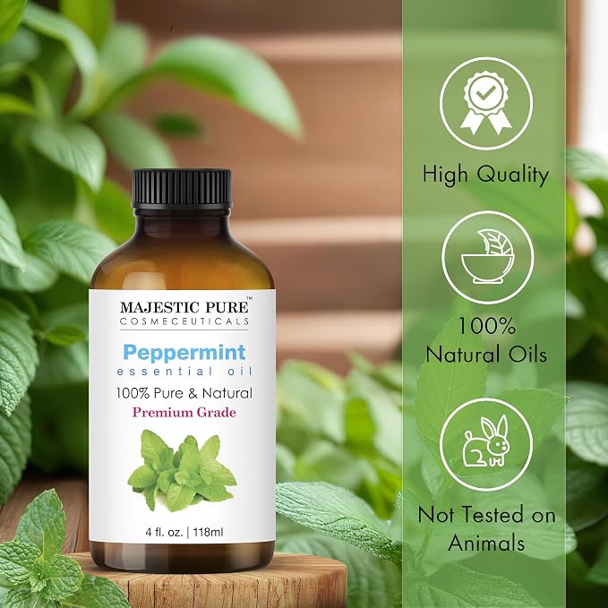 Majestic Pure Essential Oil with Glass Dropper - 100% Pure and Natural - Essential Oils for Diffuser, Aromatherapy, Soap and Candle Making, Peppermint Essential Oil, Peppermint Oil, 4 Fl Oz Pack of 2