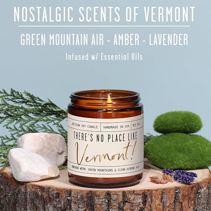 Vermont Gifts, Vermont Decor for Home - 'There's No Place Like Vermont Candle, w/Green Mountain Air, Amber & Lavender I Vermont Souvenirs I Vermont State Gifts I 9oz Jar, 50Hr Burn, USA Made