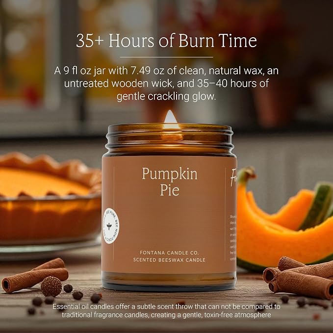 Fontana Candle Co Wood Wick Beeswax Jar Candle, Pumpkin Pie – Made Safe with Coconut Oil & Pure Essential Oils – 35+ Hrs Clean Burn, Long Lasting and Non-Toxic Candles for Home & Room Decor