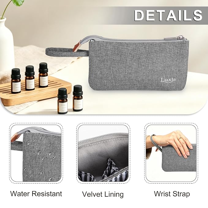 LUXJA Essential Oil Carrying Bag - Holds 9 Bottles (5ml-15ml, Also Fits for Roller Bottles), Portable Organizer for Essential Oil and Small Accessories, Gray