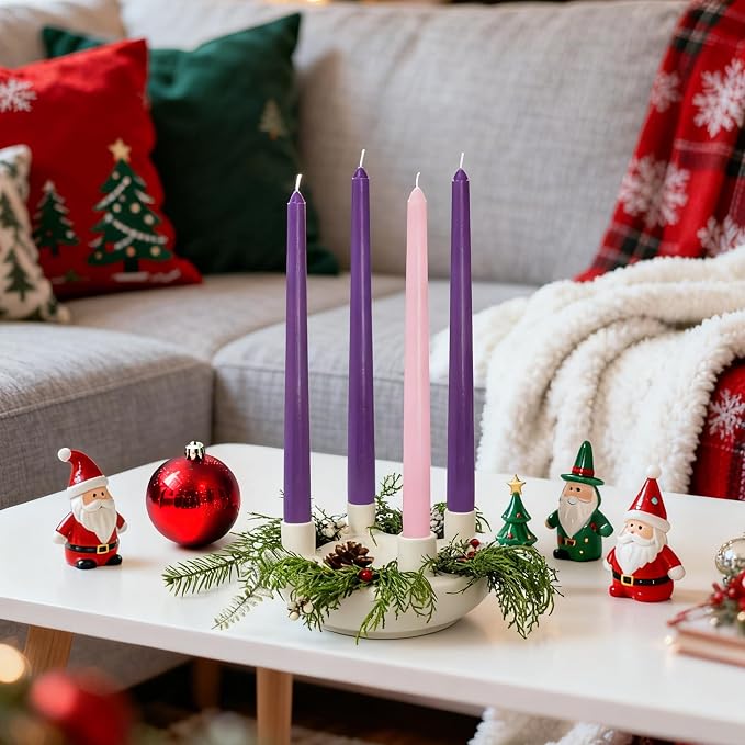 4 Pack MANNYCOM Advent Candles - 10 inch Unscented Smokeless Elegant Long Candle Sticks - 3 Purple 1 Pink Nativity Scene Candlesticks