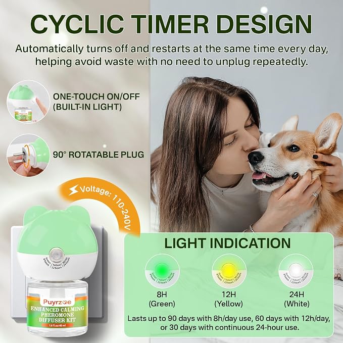 puyrzoe Dog Calming Diffuser with Timing Functions, 6-in-1 Dog Anxiety Relief Diffuser Kit, 120-Day Anxiety Relief, Stress Relaxation Pheromones Calming for All Dogs (2 Diffusers + 4 Refills)