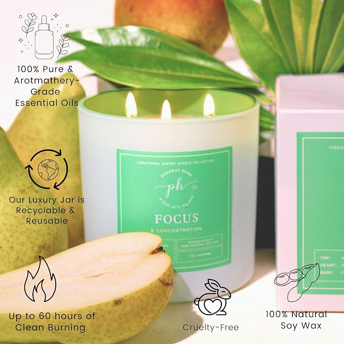 Extra Large Candle – Focus & Concentration | Pear, Sage, and Freesia | Hand Poured Soy Candle | 14.1 oz (400g) 60 Hours Clean | Burn Pure Essential Oils | Mental Clarity & Productivity