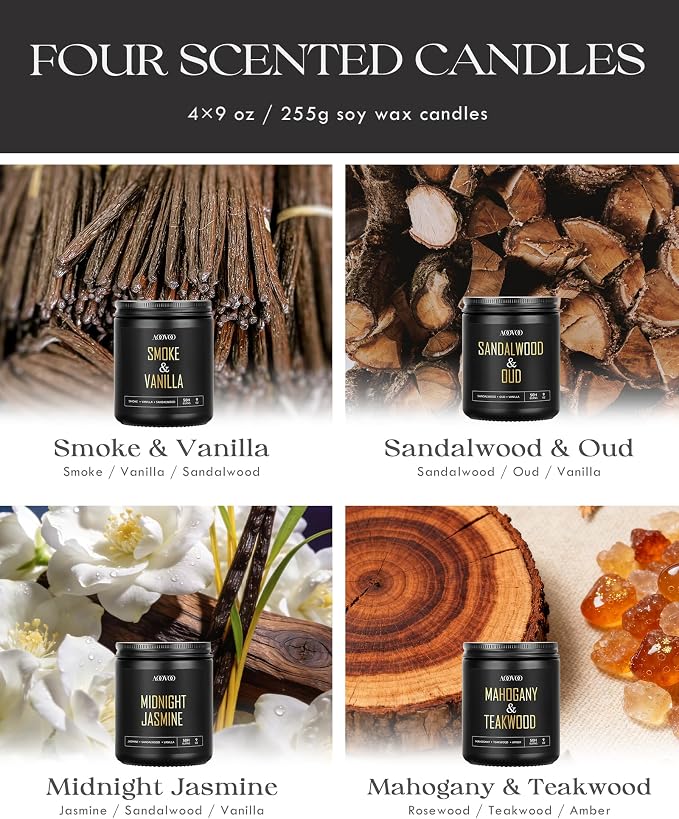 AOOVOO Scented Candles for Men - 4 Pack Candles for Home Scented, 36oz Soy Wax, 200 Hour Burn Time, Men Candle Set, Sandalwood Oud/Mahogany Teakwood/Smoke Vanilla/Jasmine Candle Set A
