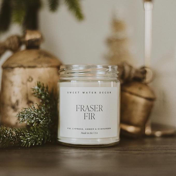Sweet Water Decor Fraser Fir Candle | Evergreen, Cedar, Balsam, Pine Winter Christmas Tree Scented Soy Candles for Home | 9oz Clear Jar, 40 Hour Burn Time, Made in The USA