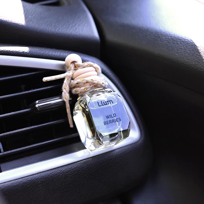 Llum Wild Berries Hanging Car Air Freshener – Luxury Automotive Perfume Diffuser 10ml (0.34 fl oz), Long-Lasting Fragrance, Alcohol-Free Non-Toxic Scent, Glass Bottle With Wood Cap & AC Vent Clip