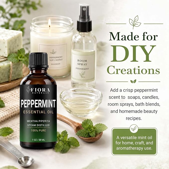 Peppermint Oil by Fiora Naturals – 100% Pure Peppermint Essential Oil, Mentha Piperita Mint Oil for Aromatherapy Diffuser, Skin, Hair, Scalp, DIY Soap & Candle Making, Aceite de Menta