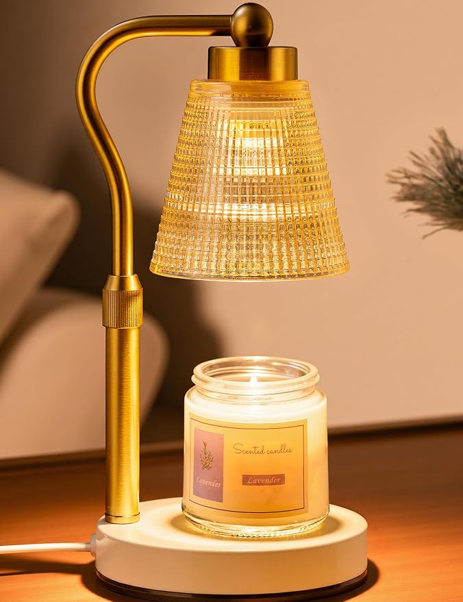 Candle Warmer Lamp for Jar Candles, Height Adjustable & Dimmable with 2/4/8H Timer, 2*50W Halogen Wax Melter Warmer for Home Office Décor, Flameless & Smokeless, Gift for Women Mom,Gold- Amber/1 Pack