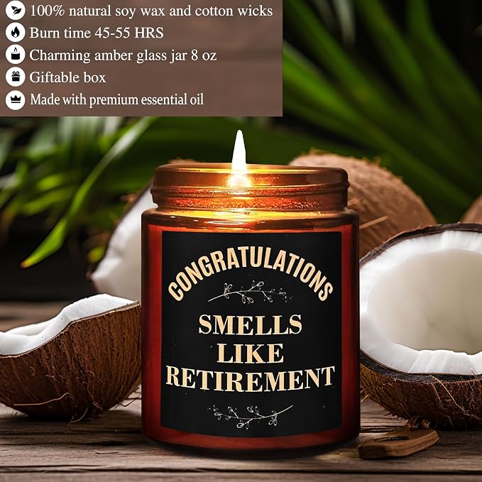 Retirement Gifts - Funny Retiring Candles - Best 2026 Retired Gifts for Men, Friends, Coworker, Teacher - Spa Relaxing Candles for Women Stress Relief - Tropical Coconut Summer Soy Candle