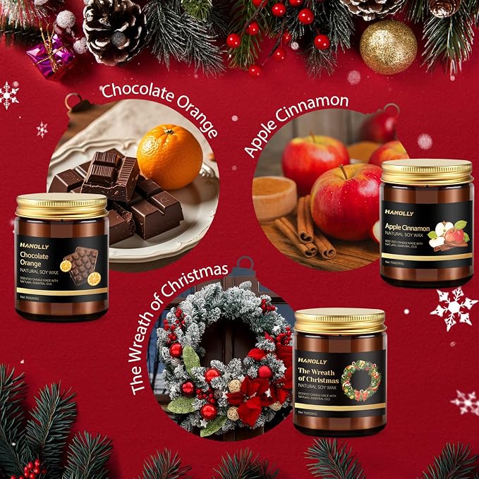 Christmas Scented Candles Set, 6 Pack Winter Scented Candles for Home, Holiday Gifts for Women & Men, Soy Candles Scents of Christmas Tree, Spice, Wreath, Apple Cinnamon, Chocolate Orange, Jingle Bell