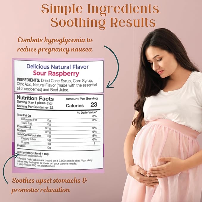 Three Lollies Preggie Drops Pregnancy Nausea Relief Drops with Essential Oils, Morning Sickness and Queasy Stomach Support for Pregnant Women, Sour Raspberry, 32 Count