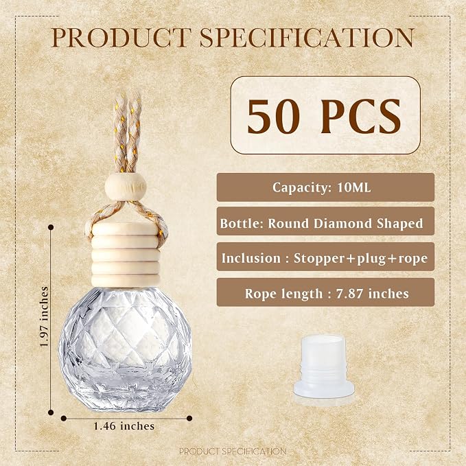 BBTO 50 Pcs Hanging Car Air Freshener Car Diffuser Bottles Empty Glass Perfume Bottle Freshener Diffuser Bottle Pendant for Essential Oil Fragrance Aromatherapy Ornament(Round Diamond)