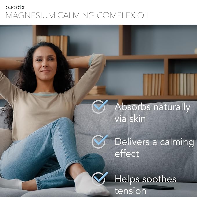 PURA D'OR Magnesium Calming Complex Oil Spray, 16 Oz, Topical Magnesium Chloride Mist with Aloe Vera, Lavender, Chamomile, Ylang Ylang, Lightweight Water-Based Body Care Formula, Vegan, Non-Greasy